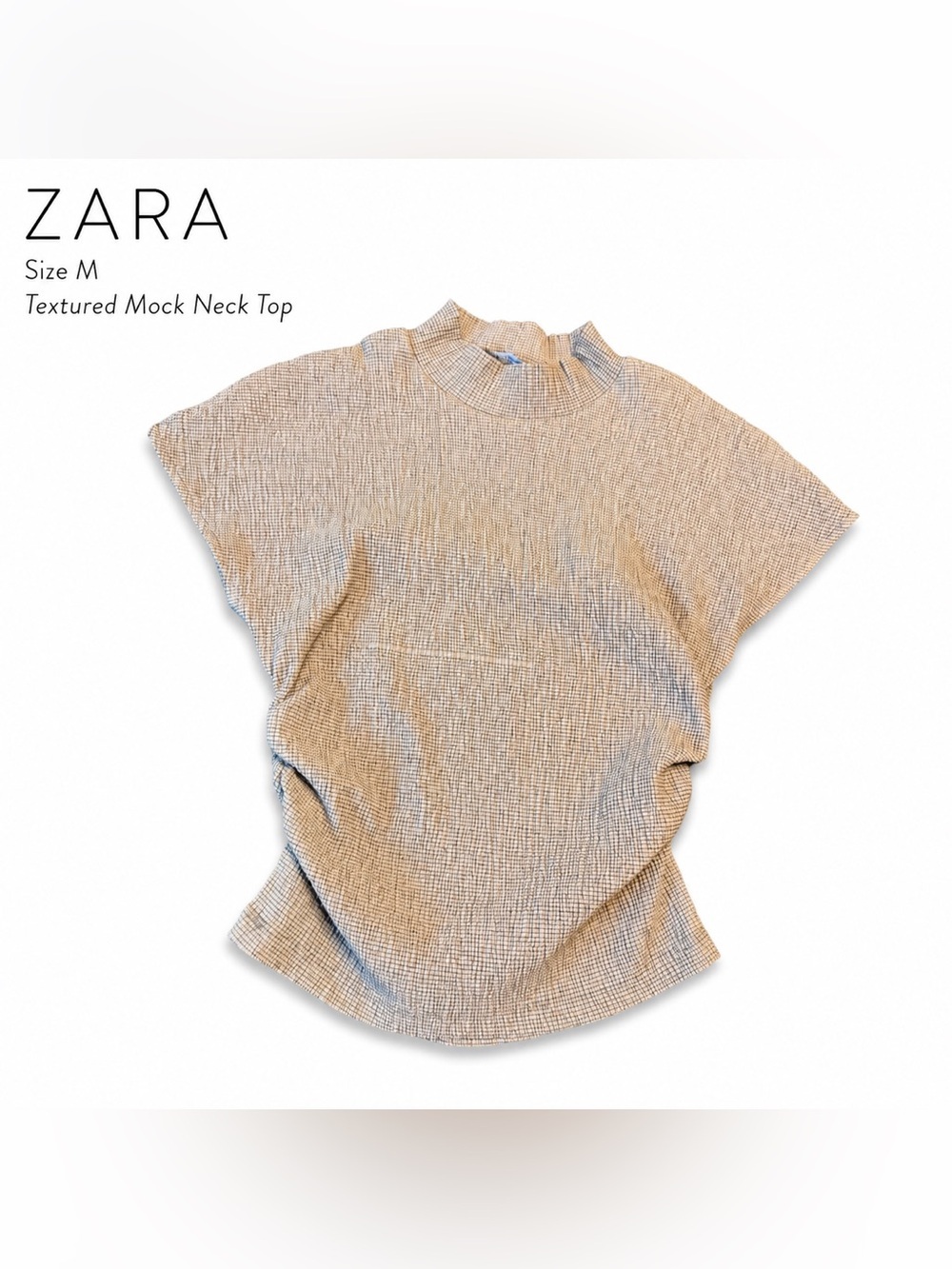 Zara Women’s M Textured Ruched Mock Neck Cap Sleeve Top Taupe Gray